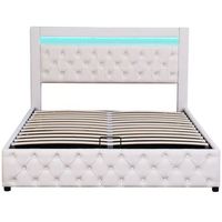 cama contenedor tapizada en simil piel con led - 140x200cm - con somier de laminas - blanco