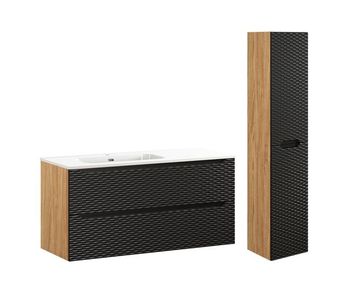 Conjunto de muebles con lavabo individual encastrado lado izquierdo 120cm 2 cajones y columna elora negro y madera