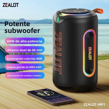 Altavoz Bluetooth para exteriores ZEALOT-MP1, altavoz Bluetooth 5,3 con potencia de salida de 60W, sonido estéreo IPX6 resistente al agua, tarjeta Micro SD, lig RGB