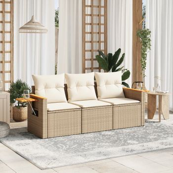 Conjunto De Sofás De Jardín Con Cojines Beige 3 Uds | Mueble Jardin Mesa Y Sillas Ratán Pe Cfw503226