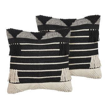 Conjunto De 2 Cojines De Algodón Beige Negro 50 X 50 Cm Hecho A Mano Chittoor