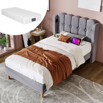 Cama Tapizada Simple De Lino Con Usb Tipo C Y Somier De Lamas, Colchón Incluido, Gris 90x200 Cm - Para Adolescente