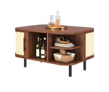 Mesa de centro, mesa auxiliar - sin tamaño - forma curva, superficie trenzada, cuerpo de mdf, patas y tiradores metálicos, con espacio de almacenamiento - nogal