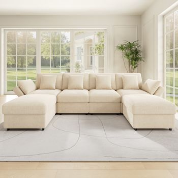 Sofá Modular De Chenilla De 4 Plazas Con 2 Reposapiés Y Reposabrazos Regulables - 284 X 156,5 X 86 Cm - Beige