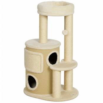 PawHut Rascador para Gatos 90 cm Multinivel con 4 Postes de Sisal 2 Cuevas Caseta Pompon y Tapete Beige   Aosom España