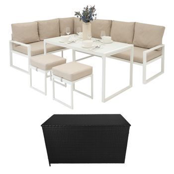 Set Sofa Esquinero De Aluminio Blanco 7 Plazas + Caja De Almacenamiento En Ratán Negro
