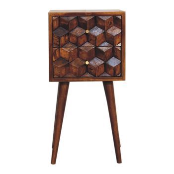 Mesita De Noche Cúbica De Madera Maciza, Estilo Artesanal, Mini, Con 2 Cajones, Color Castaño.