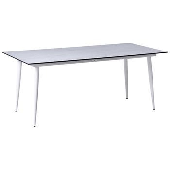 Mesa De Comedor De Jardín Con Tablero De Hpl Y Estructura De Aluminio Resistente A Los Rayos Uv Agua Óxido Blanco Con Tablero Efecto Travertino Tolentino
