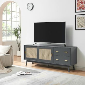 Mesa De Tv Susa Con Puertas Corredoras De Polirratán 160x40x65cm Gris [en.casa]