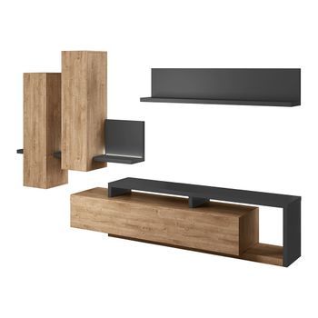 Conjunto De Muebles Para Sala De Estar Con Led, Colección Bergamo. Colores Roble Y Gris.
