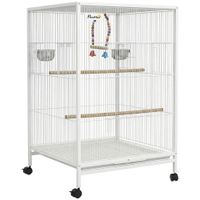 pawhut jaula para pajaros con ruedas con comederos perchas columpio y bandeja extraible 48x46x78 cm blanco