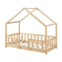 cama para ninos de madera pino - 70 x 140 cm - cama infantil con reja protectora - casita - forma de casa - pino natural encasa
