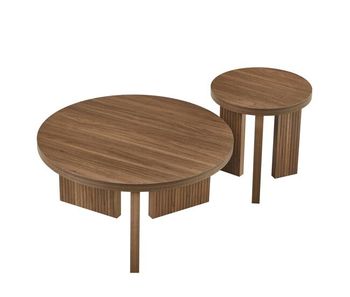 Mesa de centro redonda 2 piezas - diseño con ranuras y estilo moderno - marrón nogal