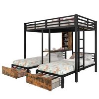 litera 3 camas con cajones y estantes de almacenamiento litera negra 140x200 y 90x200 en metal y mdf resistente