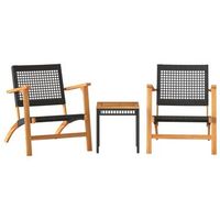 juego de bistro 3 uds  conjunto mueble jardin mesa y sillas ratan pe negro y madera maciza acacia