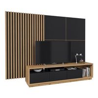 mueble para tv xl con fondo mural decorativo xl coleccion clara color roble y negro mate