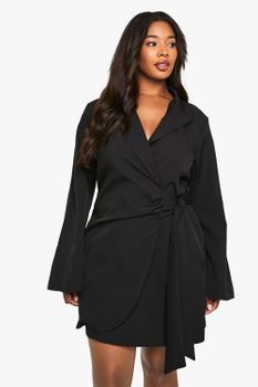 Vestido Americana Plus Entallado Con Atadura En La Cintura, Negro