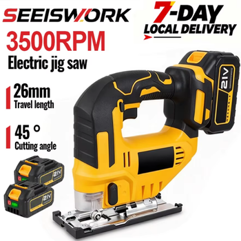 Sierra de calar eléctrica inalámbrica SEEISWORK, 3500 RPM, con ángulo de corte de 45 grados, herramienta para trabajos de carpintería, incluye 2 baterías de 21 V.