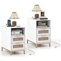 costway juego de 2 mesita de noche ratan con estacion de carga y 2 cajones estilo boho con almacenamiento abierto blanco y dorado