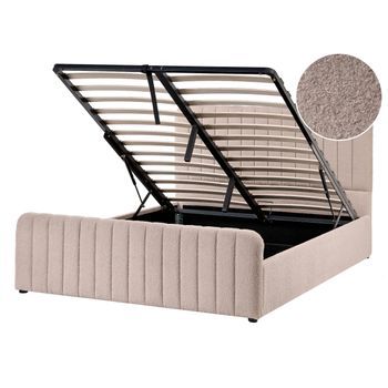 Cama Con Almacenaje Elevable De Bouclé Acolchado Patas Metal 140 X 200 Cm Beige Lunan