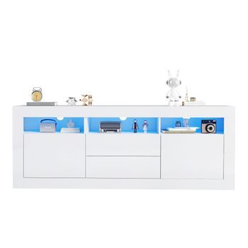 Mueble De Tv Brillante 160 X 35 X 60 Cm - Iluminación Led - 3 Nichos, 2 Puertas, 2 Cajones - Blanco