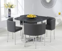 algarve grey glass stowaway dining table with grey high back stools - grey 4 chairs