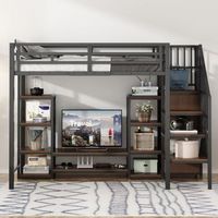 cama loft infantil 90x200 negra soporte tv toma corriente escalera seguridad metal-madera almacenamiento moderna