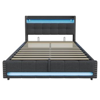 Cama Tapizada 180*200 Cm - Con Led Y Toma Usb, Cabecero Con Estantes Y Almacenamiento, Con Hidráulico Para Almacenamiento - Gris
