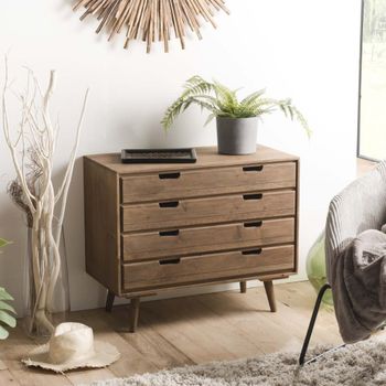 Cómoda nórdica de madera de abeto marrón con 4 cajones