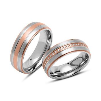 Anillos de boda de acero inoxidable parcialmente chapado en oro rosa circonio