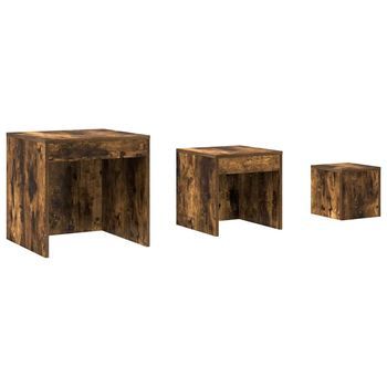 3 Uds Mesas Apilables，mesa Auxiliar，mesita De Centro Madera Contrachapada Roble Ahumado