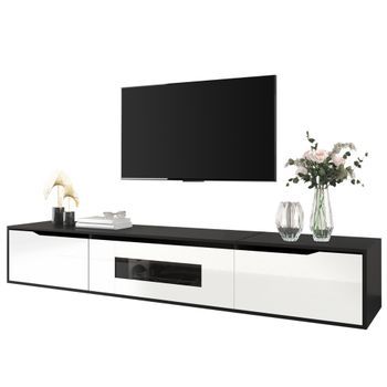 Mueble Tv 180 Cm, Diseño Flotante Con Luces Led, Madera Mdf, Blanco Y Negro