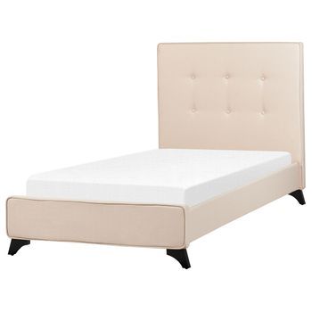 Cama Con Somier De Poliéster Beige Negro 90 X 200 Cm Cabecero Acolchado Somier Patas Madera Caucho Ambassador