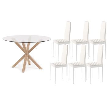 Pack Mesa Redonda De Cristal Templado + 6 Sillas Polipiel/metal Blanco 120x75 Cm