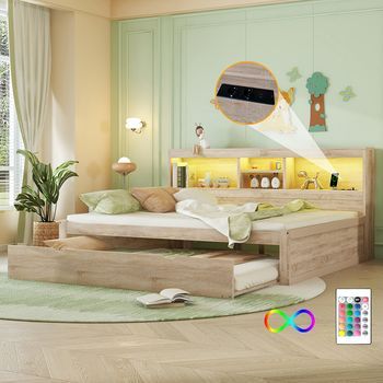 Cama Nido 140x200cm Iluminación Led Mando A Distancia + Almacenamiento + Enchufe + Usb Natural