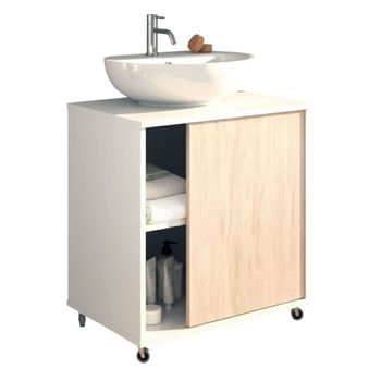 Mueble Bajo Lavabo Acabado En  Blanco Y Roble Cambrian. Puerta Reversible. Mueble Para Lavabo