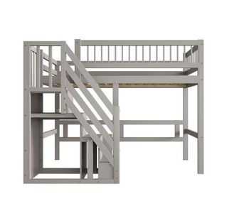 Cama alta de madera maciza 90x200 - con escalera y armario de almacenamiento, cama individual para niños y jóvenes - gris