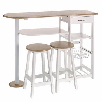Conjunto De Mesa Barra De Cocina Y 2 Taburetes En Mdf Blanco Y Natural Casaselección