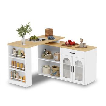 Isla De Cocina Fija Con Mesa Giratoria 360°, Cajón, Armario Con Estantes Regulables Y Estantes Abiertos Para Almacenaje，blanco