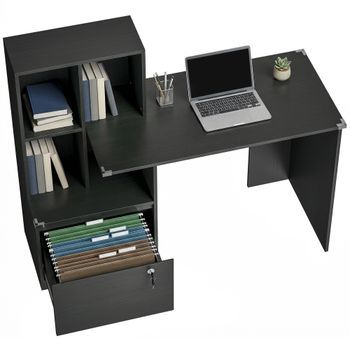 Escritorio De Ordenador Con Estantería De Cuatro Compartimentos, Melamina, 126 X 50 X 109 Cm – Negro