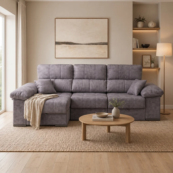 Sofá Cama Roma 3 Plazas 285cm Derecha Arcón Integrado Y Tapizado Tela - Gris