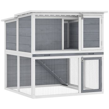 PawHut Casa para conejos exterior jaula para conejos 2 niveles espaciosa techo de doble apertura bandeja extraíble 98x95x102,5cm gris   Aosom España