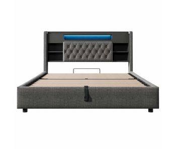 Cama tapizada 140x200 cm - con canapé hidráulico, luz led, usb/type-c, cabecero con estantería y almacenamiento - gris