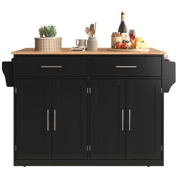 Carrito De Cocina Con Tablero Plegable, Isla De Cocina Negra Con Ruedas Y 4 Puertas, Madera Y Metal, 120x71x91.5 Cm, Negro