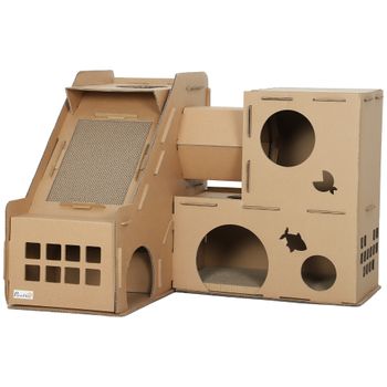 PawHut Casa para Gatos de Cartón Forma Castillo 2 Niveles con 3 Zonas de Rascado Túnel Rampa Incluye Hierba Marrón   Aosom España