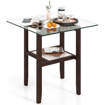Mesa De Centro Costway De 2 Niveles (63 X 61 X 61 Cm - Madera De Caucho - Marrón)