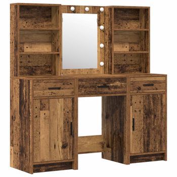 Conjunto De Mesa De Vestidor Con Led 3 Piezas Madera Vieja