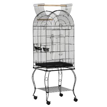 PawHut Jaula para Pájaros con Soporte Ruedas Acero Bandeja Extraíble 2 Comederos 51x51x153 cm Negro   Aosom España