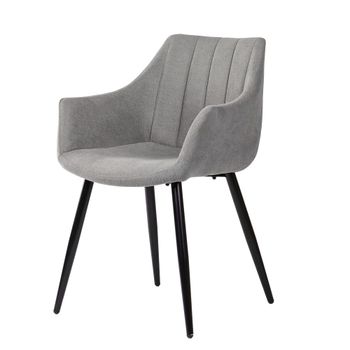 Silla con reposabrazos, patas negras y asiento gris claro.