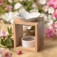 quemador de aroma bambu y ceramica blanca flor - h12cm